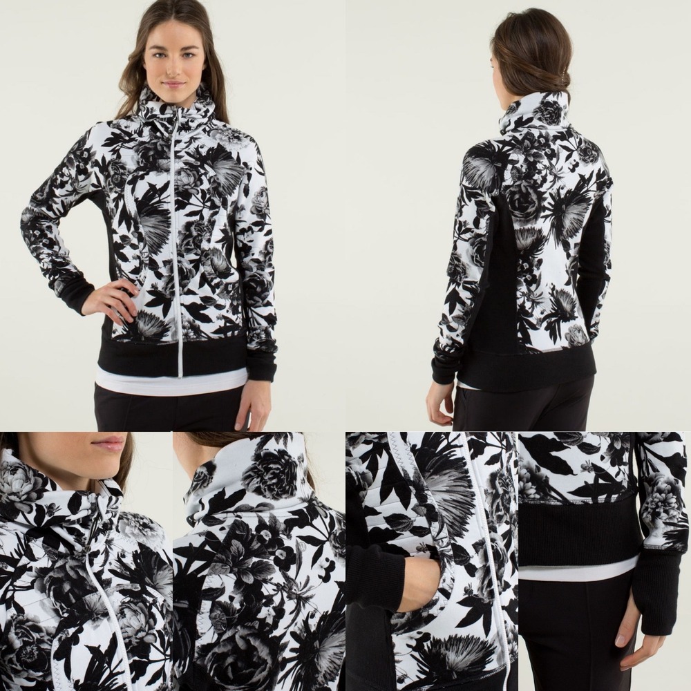 Lululemon Calm & Cozy Jacket Brisk Bloom Floral Black White Fleece Size 8 EUC